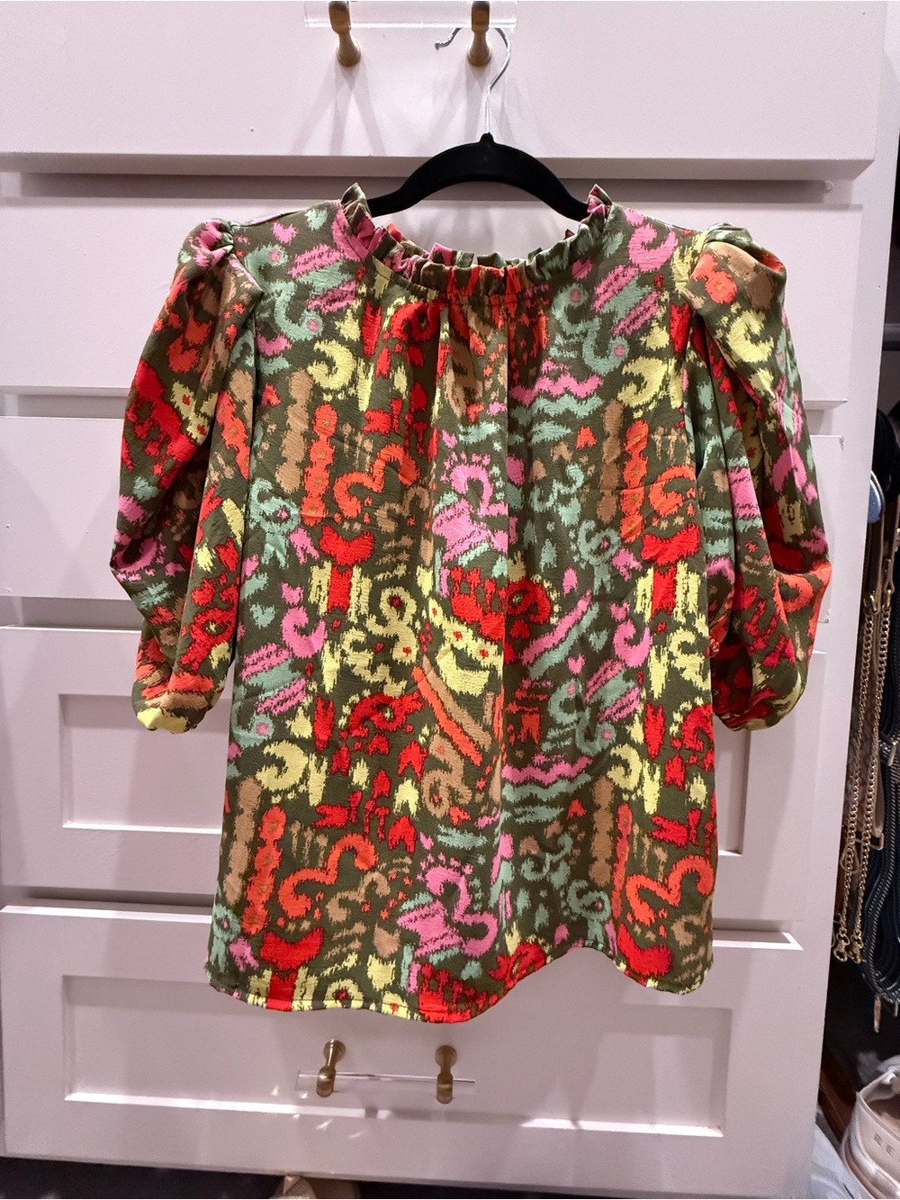 Michelle McDowell Patterned Puff-Sleeve Top - Olive Multicolor S